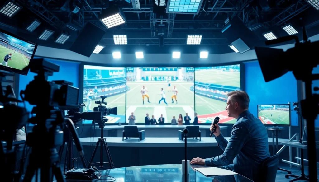 Engaging professionals in a sports broadcasting studio delivering live coverage of major events.