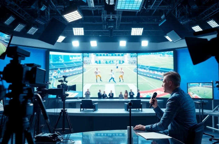 Engaging professionals in a sports broadcasting studio delivering live coverage of major events.