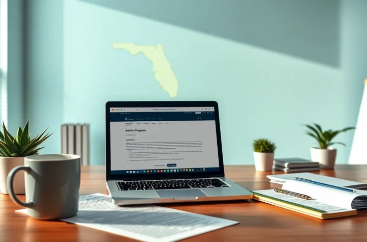 Register Florida LLC in a professional office setting, featuring organization documents and a laptop.