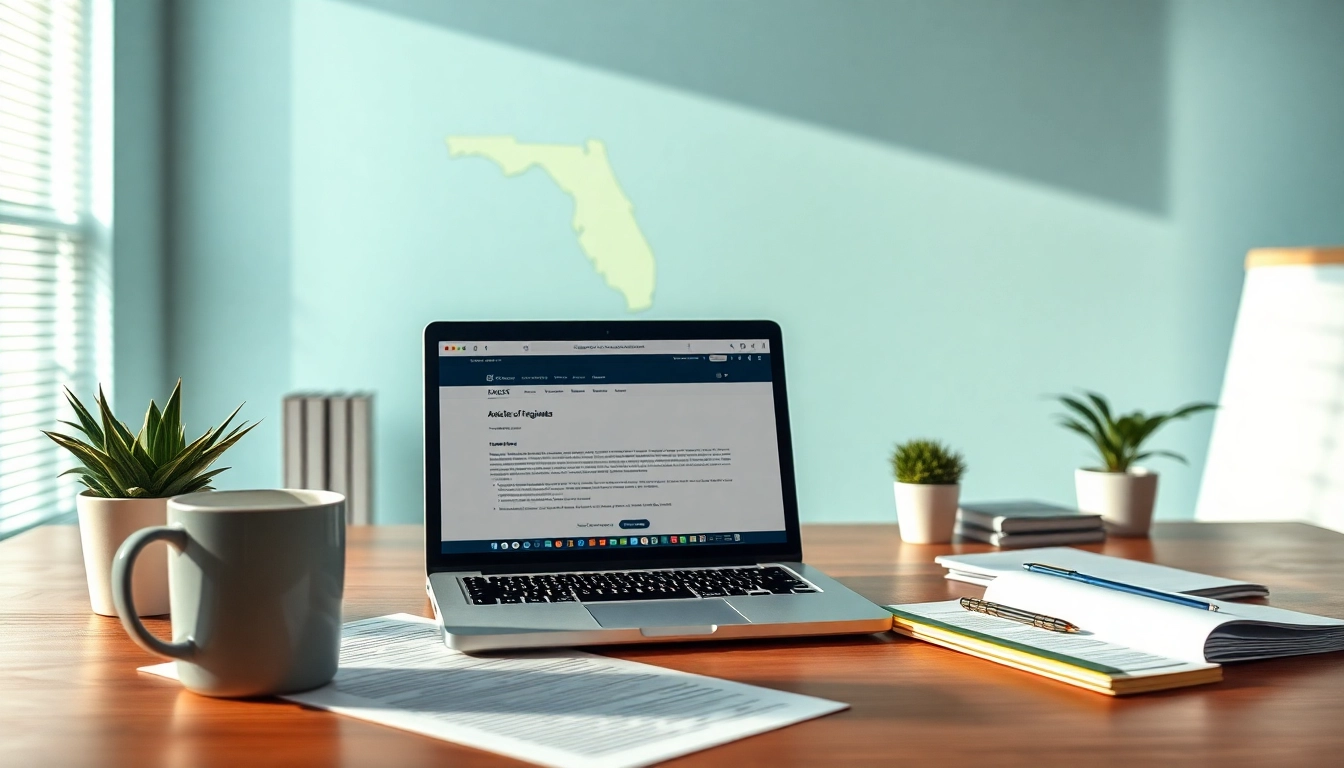 Register Florida LLC in a professional office setting, featuring organization documents and a laptop.
