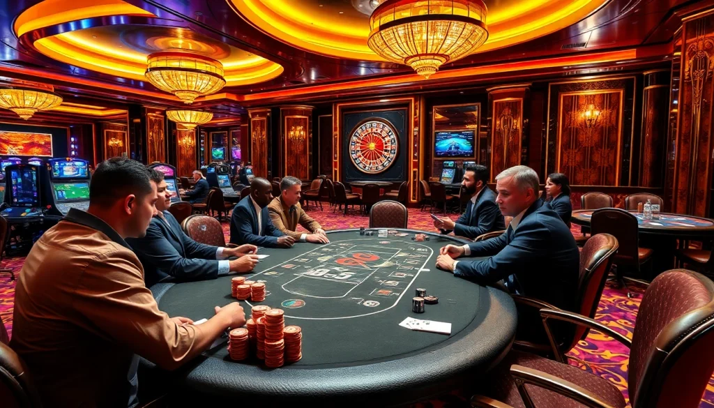 B52-themed poker players engaging in high-stakes games at an elegant casino.
