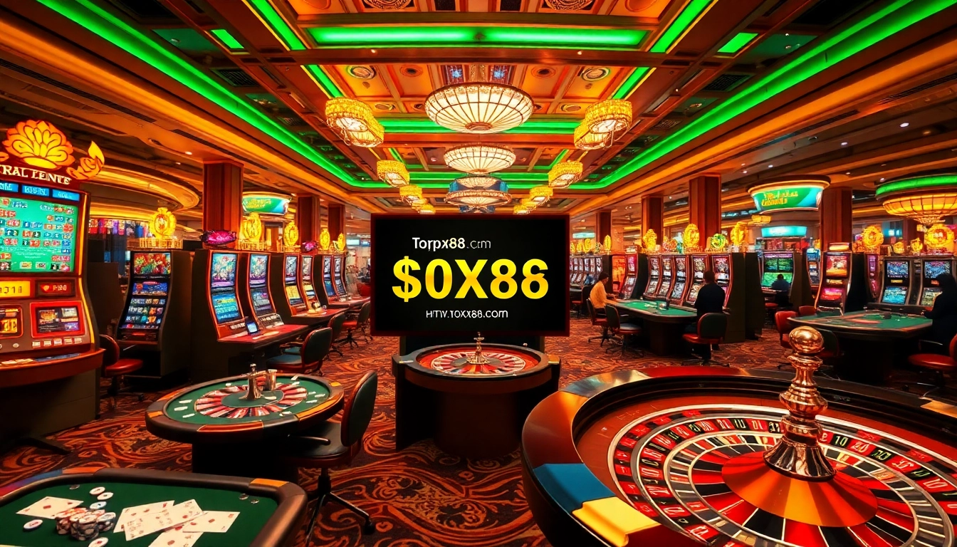 Experience the excitement of gambling at https://topxx88.com/ with vibrant casino scenes featuring slot machines and poker tables.