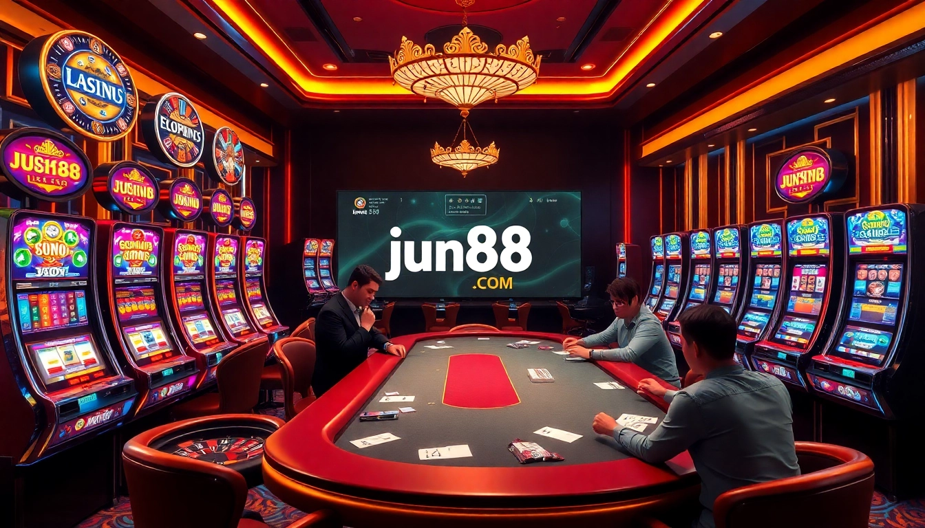 Engaging online betting action with jun88.com branding at a lively casino setting.