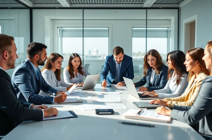 Business team discussing how to register Florida LLC in a modern office.