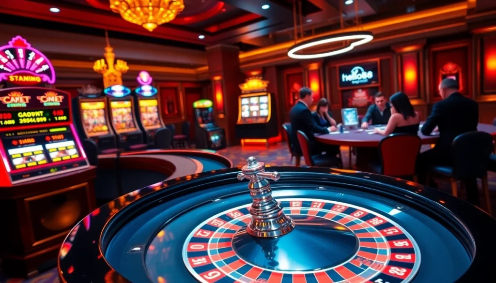 Experience thrilling gameplay at hello88 Casino with roulette, poker tables, and vibrant slot machines.