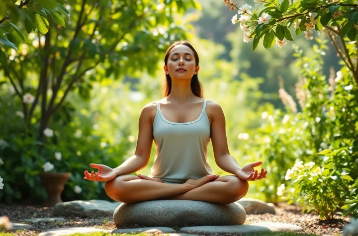 Promoting mental wellness through mindfulness in a tranquil garden setting.