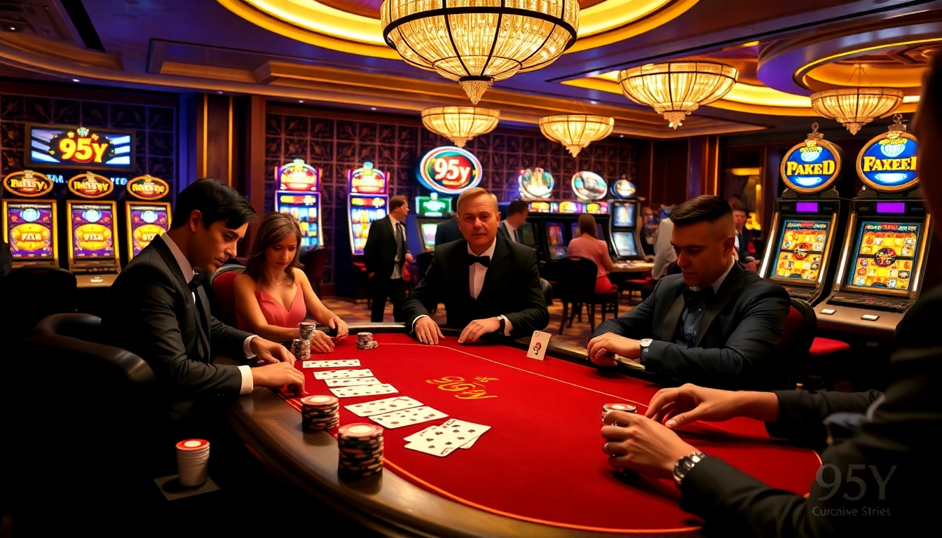 Engaging casino scene showcasing poker, slots, and 95Y branding with players immersed in the thrill of gambling.