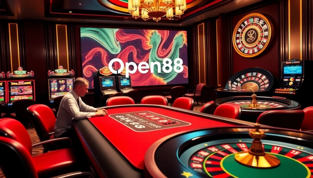 Open88 players cheering on a vibrant poker table in an elegant casino.