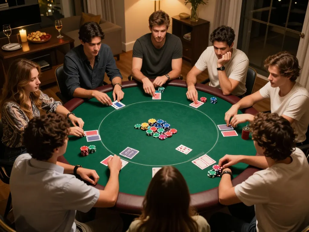 Friends enjoying a competitive poker game at home, showcasing g28 gaming strategy and social interaction.