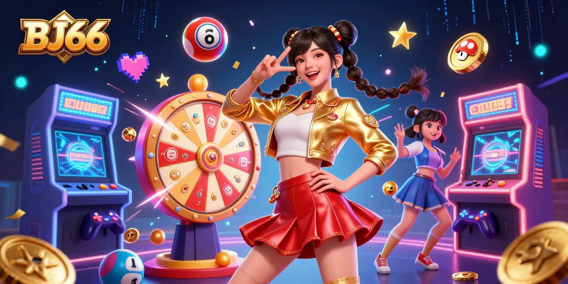Experience thrilling gameplay with BJ66's vibrant casino elements and engaging characters in a colorful scene.