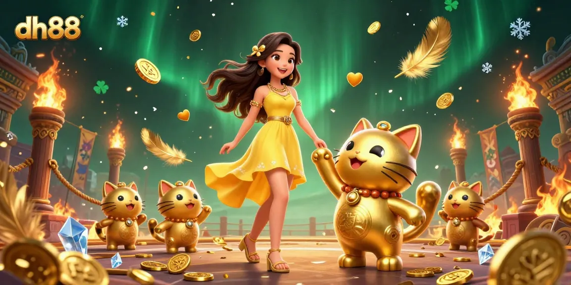 Engage in exciting gameplay at dh 88 with a cheerful Asian woman and a lucky cat mascot amidst sparkling coins and festive confetti.