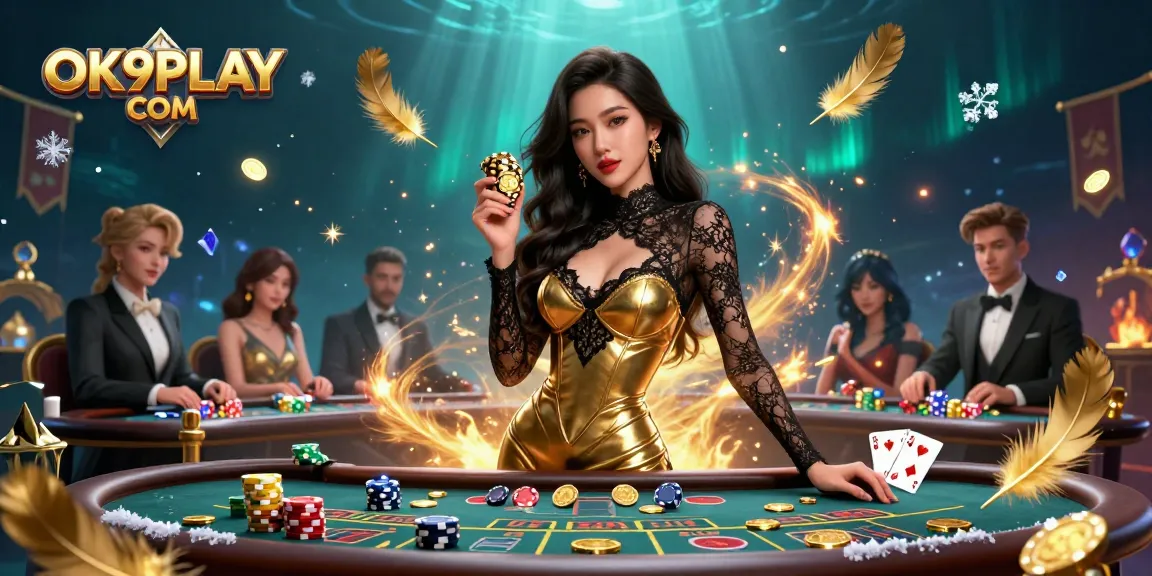 Experience the thrill of winning with OK9PLAY COM at an exclusive baccarat table surrounded by elegant decor.