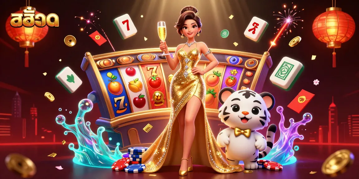 Experience the excitement of สล็อต with a glamorous scene featuring jackpot spins, coins, and festive elements.