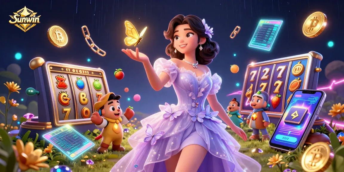 Experience winning at Sunwin with vibrant illustration showcasing slots and jackpots.