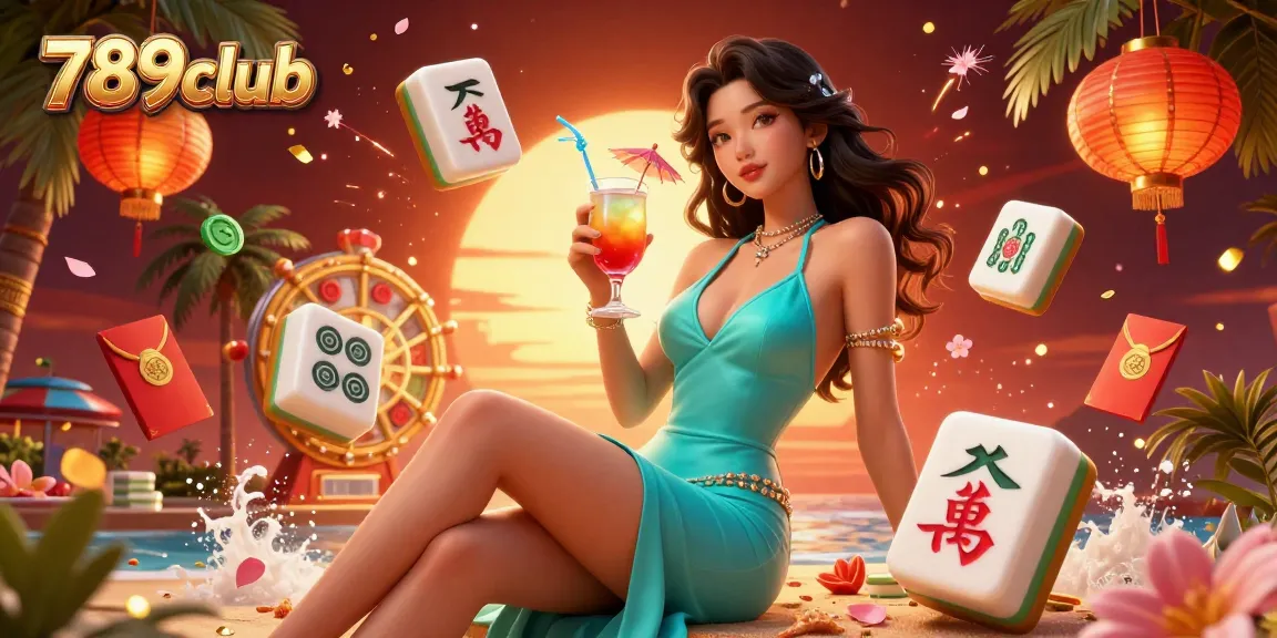 Engage in the thrill of 789club, featuring vibrant casino elements and a glamorous sunset backdrop.