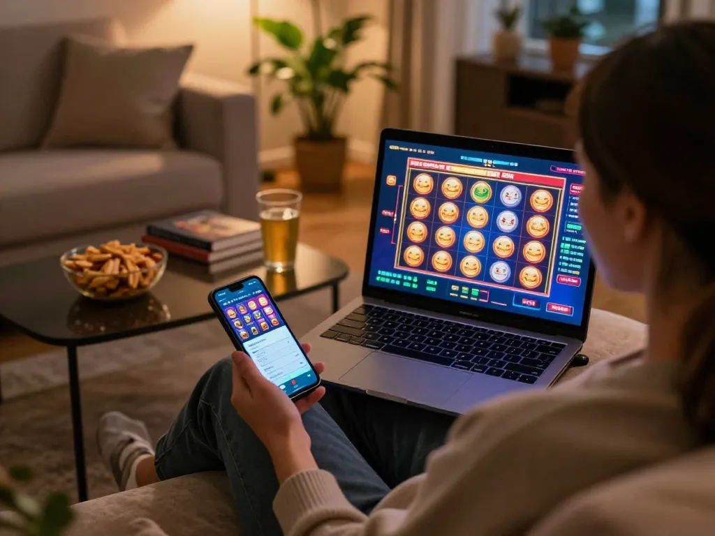Engaging in cm88game online gaming from a cozy home setup featuring a laptop and snacks.