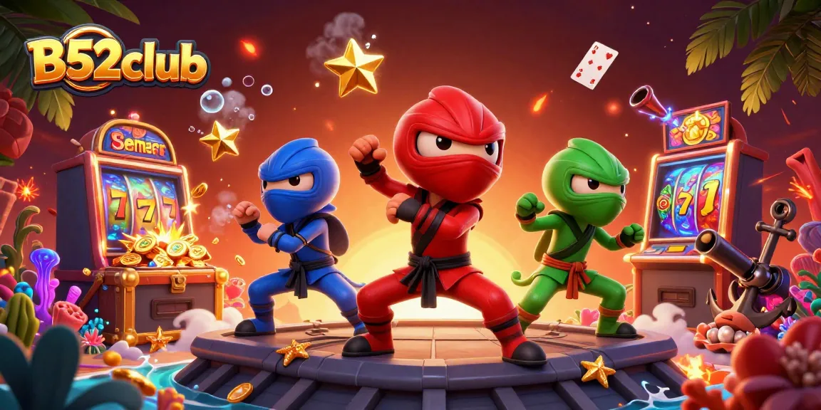B52club showcases a vibrant scene of ninja chameleons engaging in thrilling gameplay with exciting slot elements.