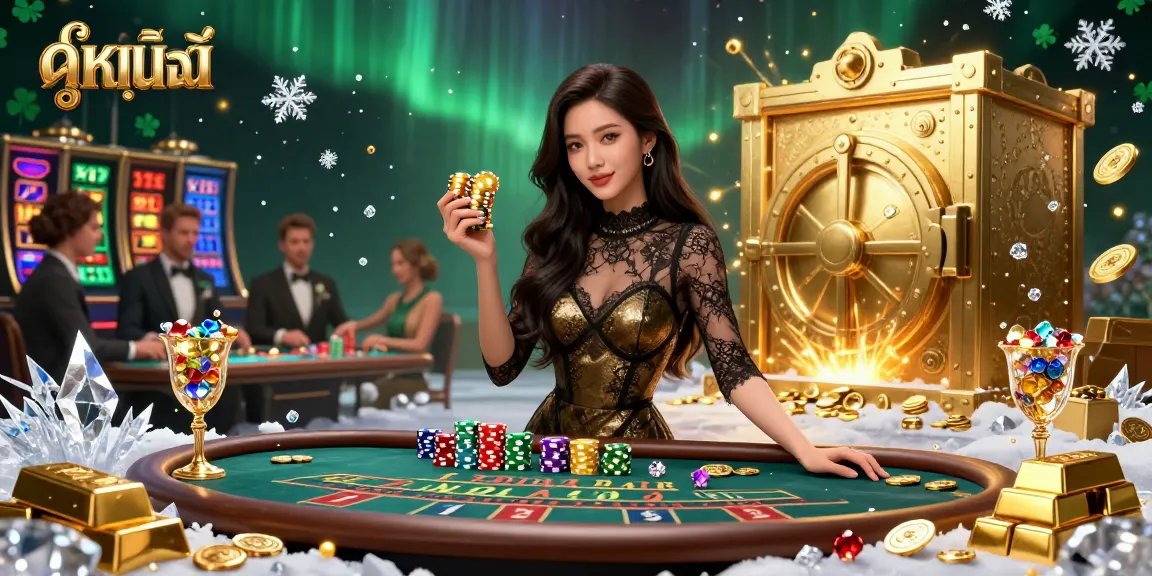 Engage in thrilling ดูหนังออนไลน์ experiences, featuring an elegant Asian woman at a high-stakes baccarat table surrounded by vibrant casino elements.