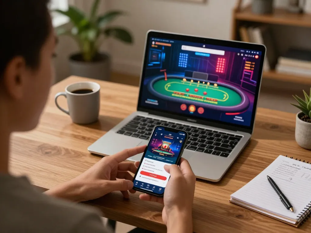 Player using the TG88 app on smartphone in a cozy home office setting, showcasing online casino gameplay.