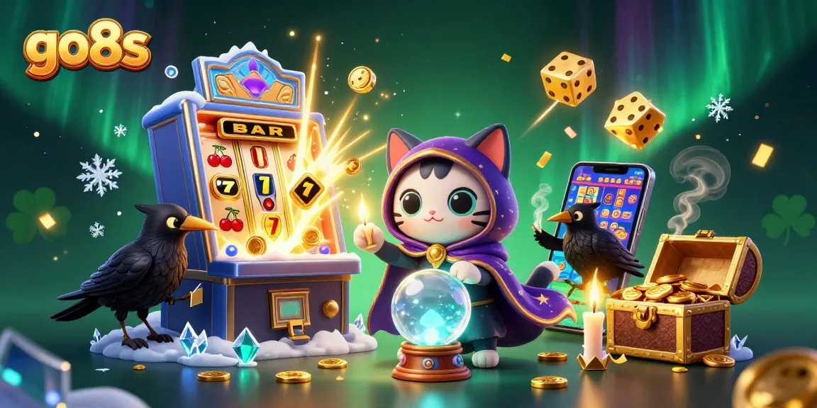 Engage with go8s at this vibrant casino scene featuring a mystical fortune teller cat and jackpot explosions.