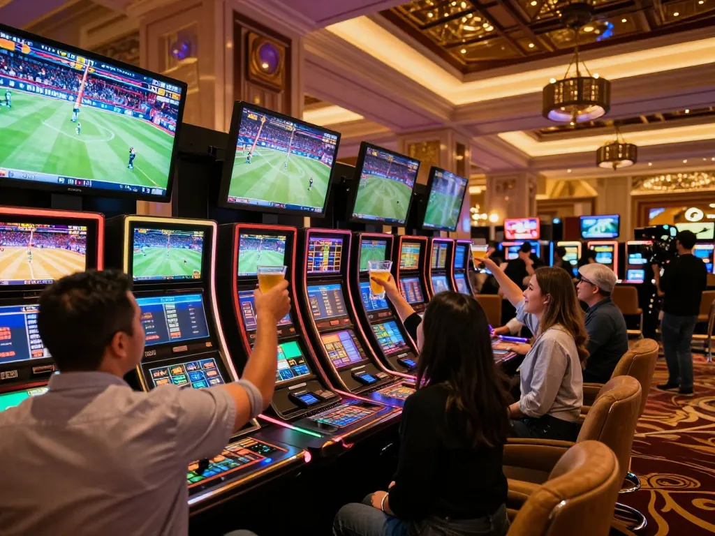 33WIN sports betting action with enthusiastic gamblers celebrating a win in a vibrant casino.