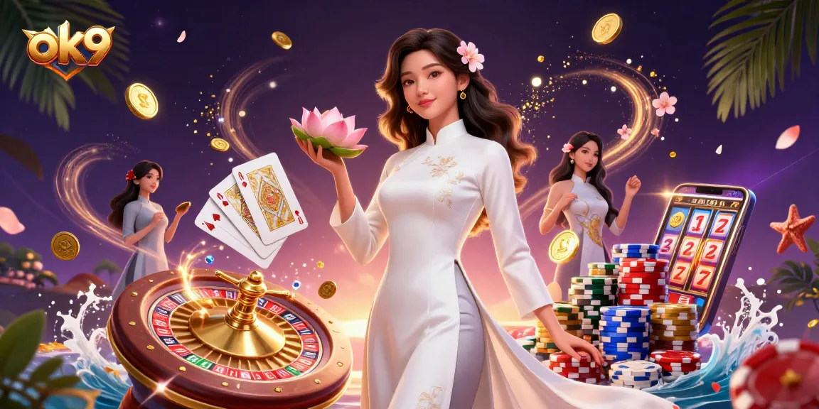 Engage with ok9 for thrilling casino experiences, featuring an elegant Asian woman holding coins amid dynamic game elements.
