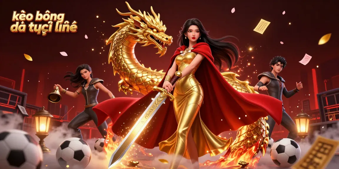 Experience thrilling kèo bóng đá trực tuyến with a powerful warrior queen and golden dragon in vibrant casino atmosphere.