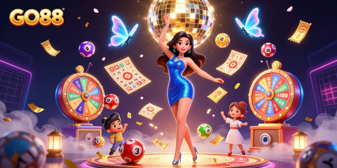 Experience the exciting world of GO88 with vibrant lottery balls and a glamorous dance scene.