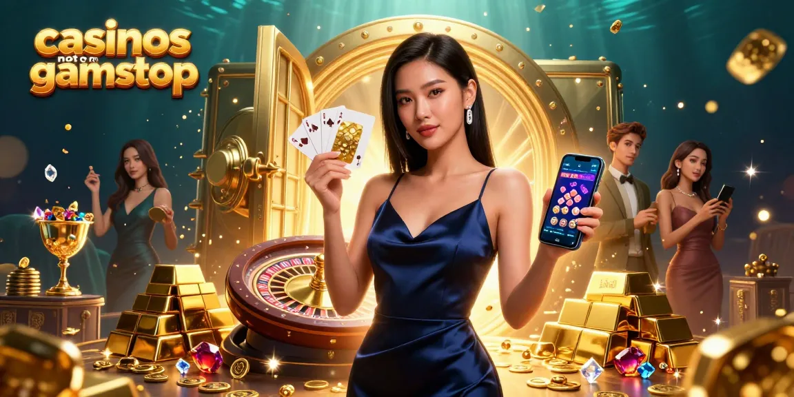 Play at casinos not on gamstop with a confident woman showcasing a casino app and golden chip.