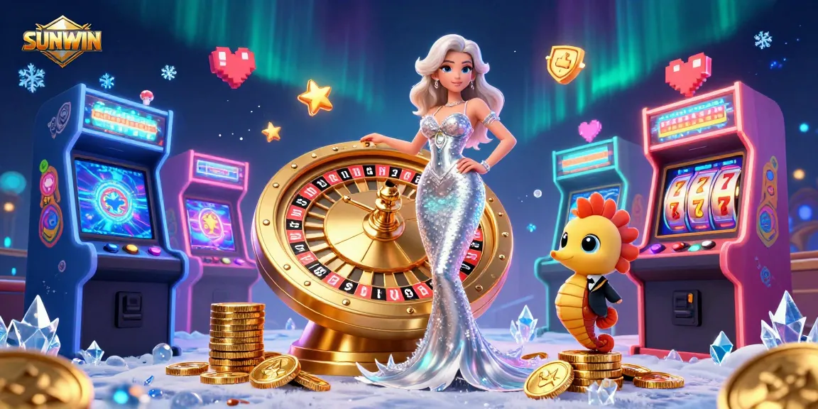 Spin the golden roulette wheel with SUNWIN and enjoy exciting slot games in a vibrant 3D illustration.