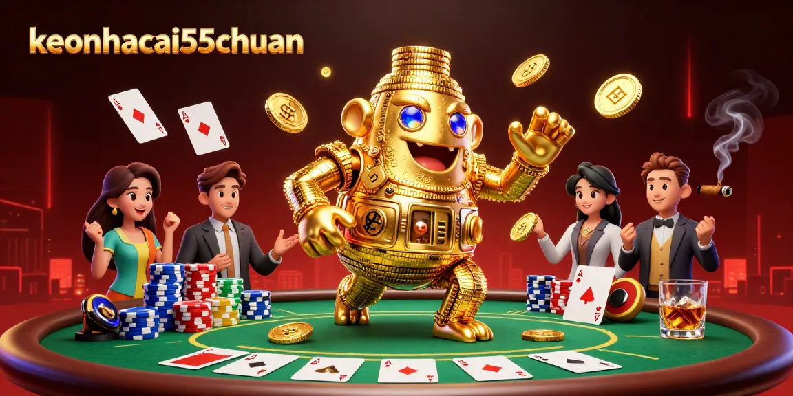 Engage with keonhacai55chuan's exciting poker scene featuring a golden golem amidst vibrant casino elements.
