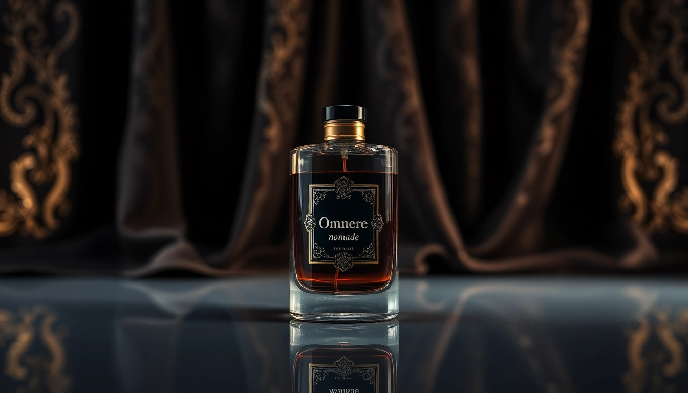 Showcase the Ombre nomade fragrance bottle on a reflective surface against dark velvet, highlighting its luxury. related image