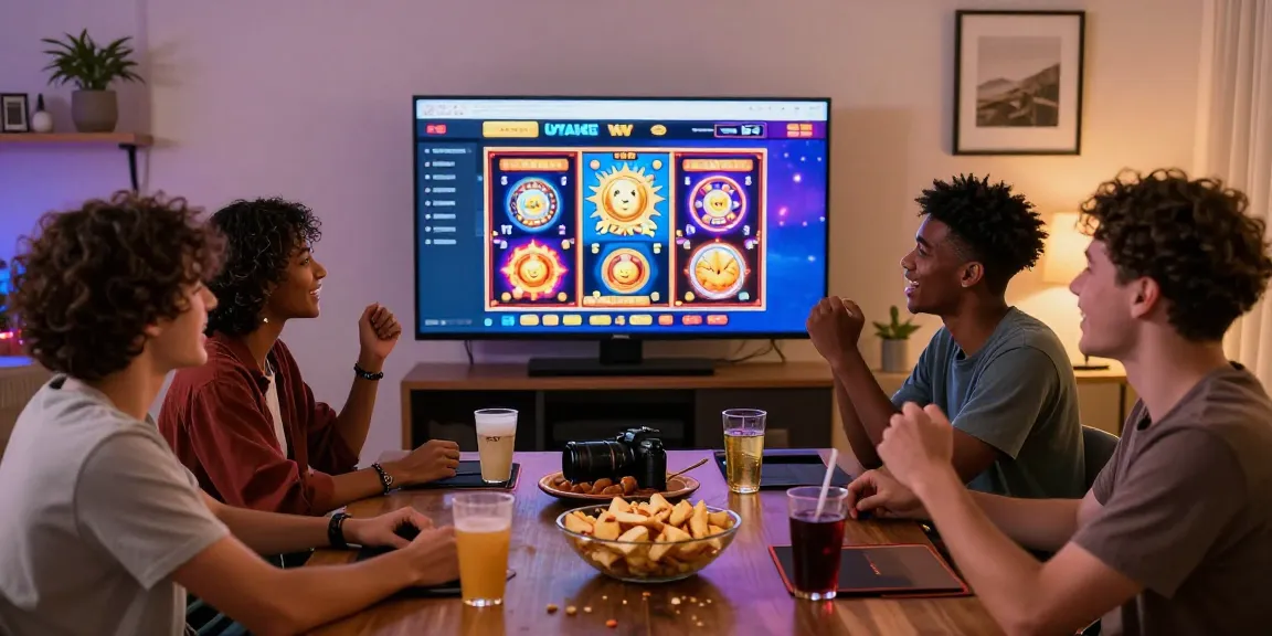 Friends enjoying new UK slot sites with vibrant games and snacks in a lively setting.