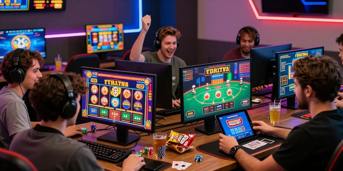 Engaged players enjoying vibrant credit card casinos online, celebrating wins and exploring promotions in a lively gaming room.