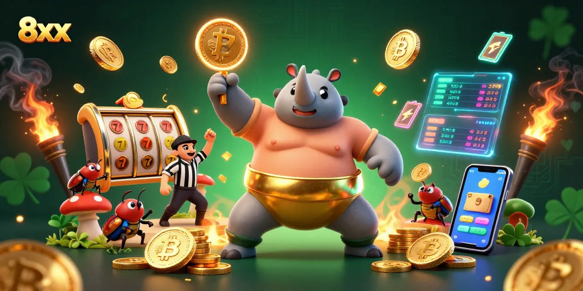 Experience thrilling wins with 8xx casino's sumo beetle champion surrounded by coins and slot reels.