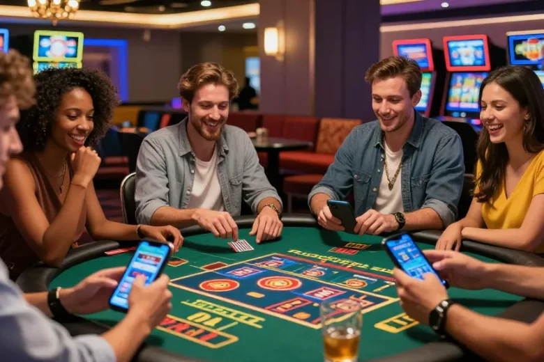 Friends enjoying live games at credit card casinos in a vibrant atmosphere, showcasing excitement and interaction.