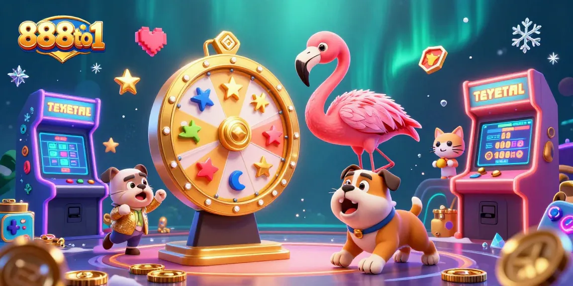 Spin the prize wheel at 888to1, showcasing festive arcade elements and excited characters in a vibrant casino scene.