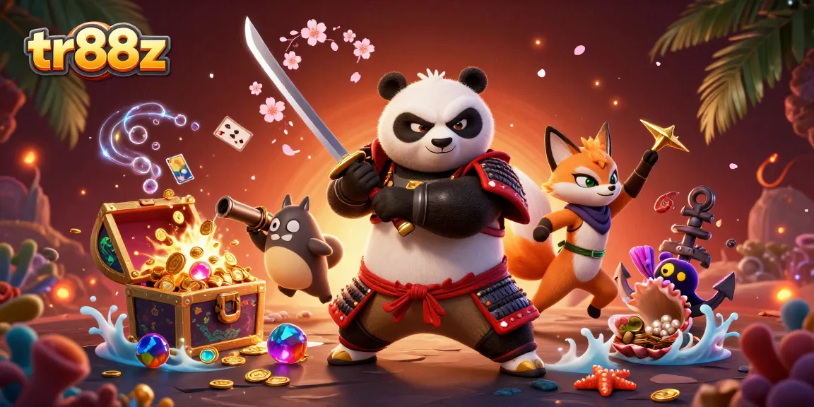 Experience the thrill at tr88z with a dynamic gaming scene featuring samurai panda and ninja fox.