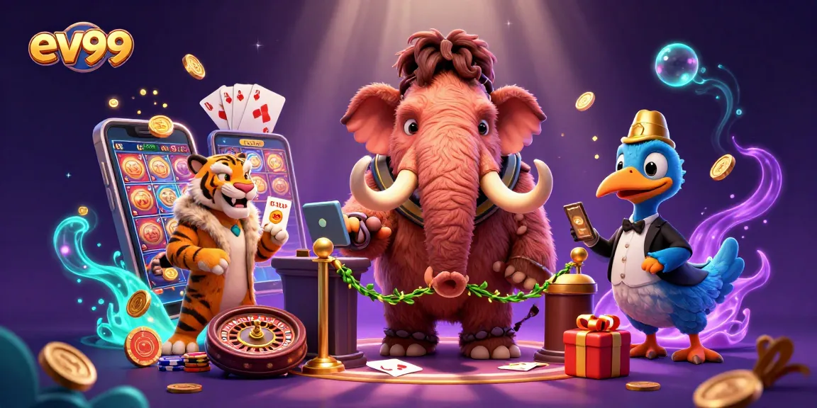 Experience thrilling gameplay with ev99 in this casino-themed illustration featuring unique characters.